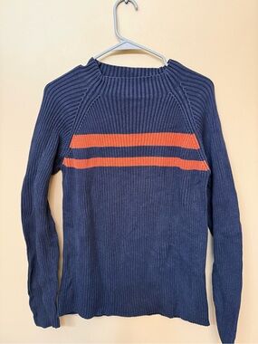 Men's Navy Rib-Knit Crewneck Sweater with Orange Chest Stripes